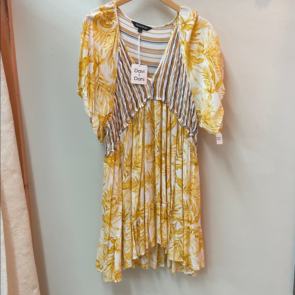DAVI & DANI Mustard Floral Tunic/mini Dress with Stripes NWT